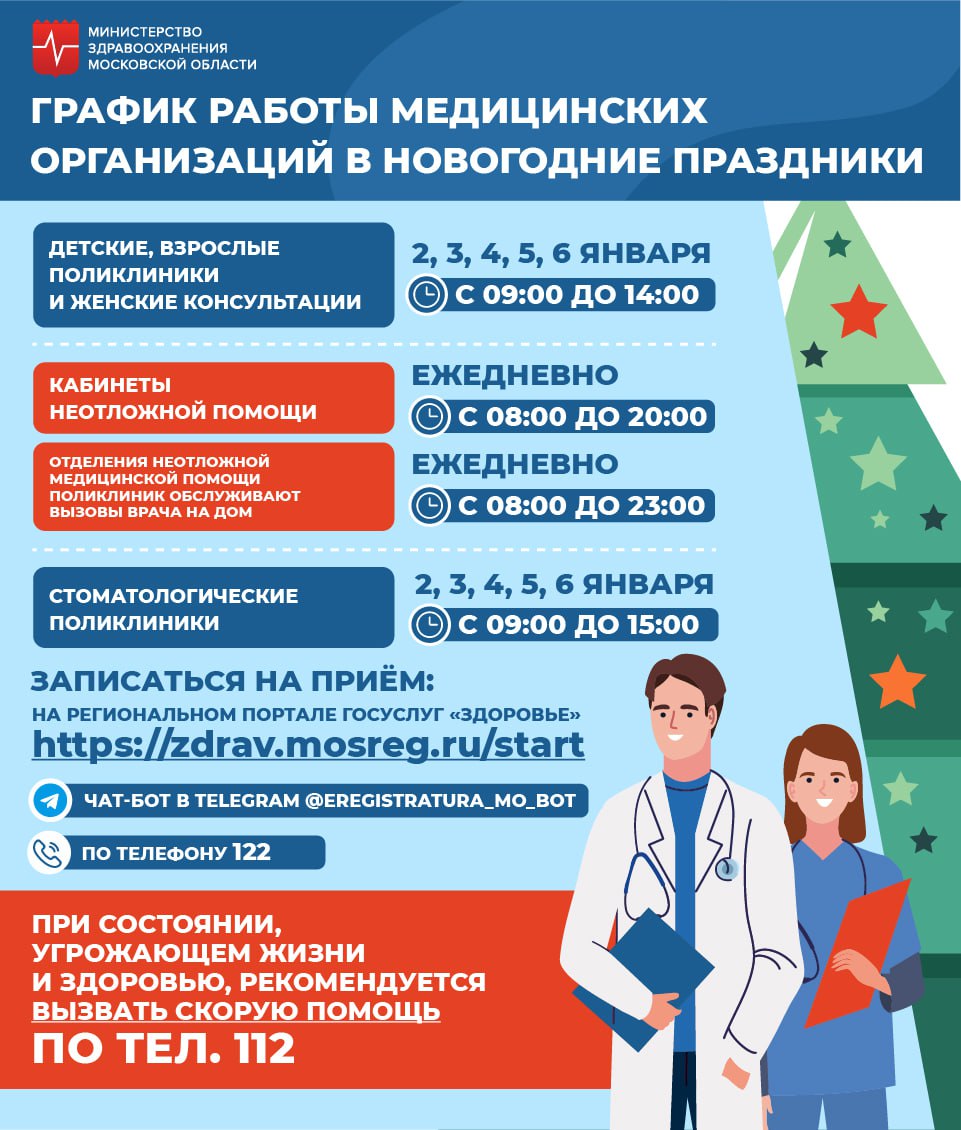 График работы ГБУЗ Московской области «Жуковская ОКБ» на период с 31  декабря 2023 года по 8 января 2024 года